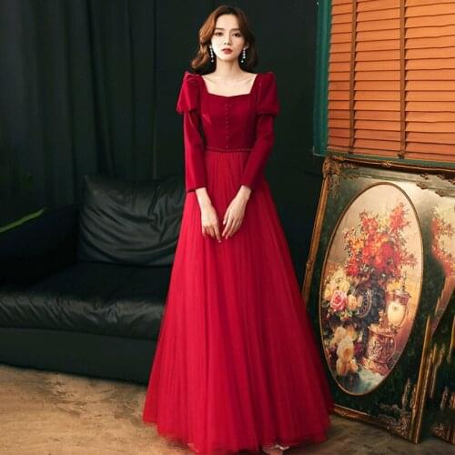Special Occasion Dresses Illusion Square Collar Full Beading Button A-Line Luxury Burgundy Elegant Tulle Women Prom Gowns E897