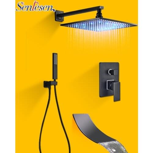 Senlesen Matte Black Banheiro torneira do chuveiro Rainfall Tub LED Banheira Chuva Praça Chuveiro Cachoeira Set torneira do chuv