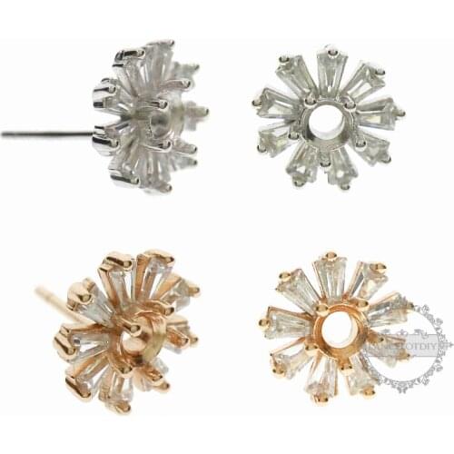 4MM Rose Gold Silver Round Prong Bezel Settings Flower CZ Stone Solid 925 Sterling Silver Studs Earrings DIY Supplies 1703030
