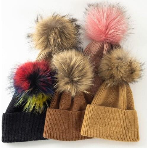 Geebro Fashion Women Knitted Beanie Hat With Raccoon Fur Pompom Thicken Soft Warm Hats Female Ladies Beanies Skullies Bonnets