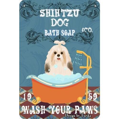 Shih Tzu Dog &Co. Bath Soap Wash Your Paws Vintage Plaque Poster Tin Sign Wall Decor Hanging Metal Decoration 12"x8" Inch
