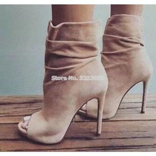 Temperament Nude Suede Leather Short Boots Open Toe Thin High Heel Ankle Boots Folded Booties Elegant Fashion Party Footwear
