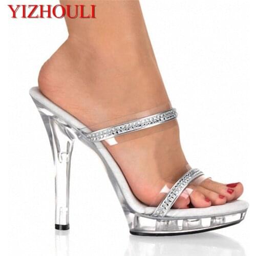 Party pole dancing crystal shoes, 13 cm sexy high heels, sequins decorate the banquet stage show slippers