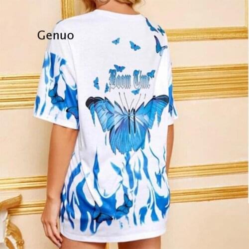 Women 2021 Tees Loose Casual New Short Sleeve Pullover Blue Butterfly Printing Large Size T-Shirt Tops