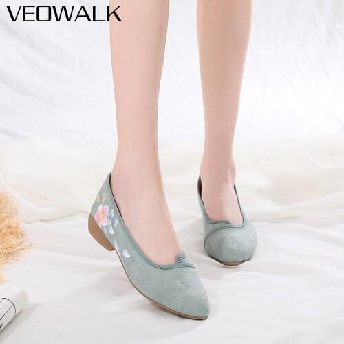 Veowalk Soft Jacquard Women Embroidered Pointy Toe Ballet Flats Elegant Ladies Casual Walking Driving Shoes Green White Beige