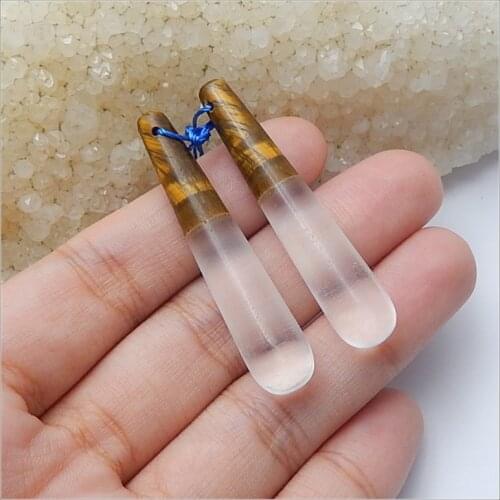 Sales 1Pairs Natural Stone Tiger'Eye With White Quartz Gemstone Tube Earrings For Women 46x9mm 10.3g