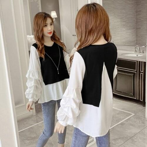 Knitted Patchwork Fake Two-Piece Tops Women Fashion Lantern Sleeved Shirt Sweater Elegant Office O Neck Pullovers Jumper Tops