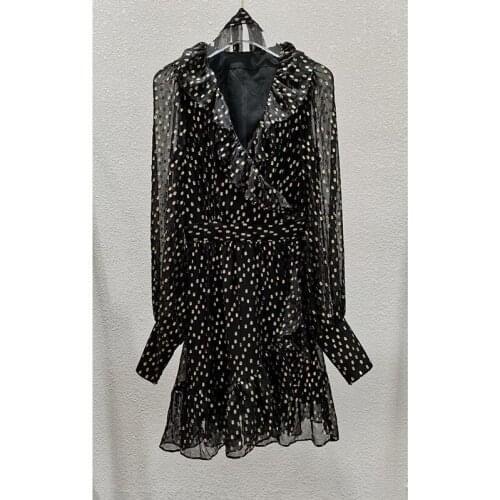 Silk dress womens autumn new style 2021 retro printing long-sleeved ruffled elegant party mini dress