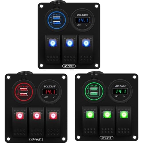 12V/24V 3 Gang Rocker Switch Panel with 4.8A Dual USB Charger and LED Digital Voltmeter for Marine Boat Car Rv Rocker Switch