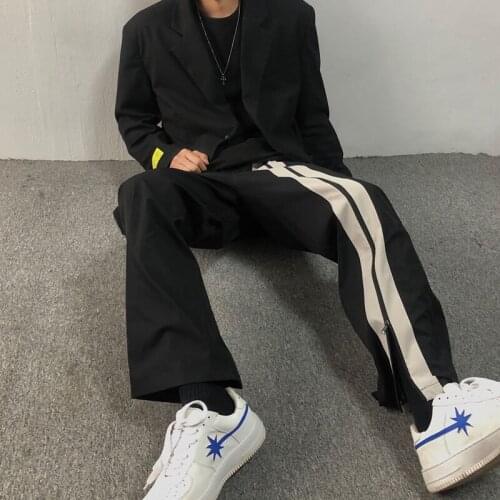 2021 Men Women clothing Hair Stylist Black and white stitching zipper split straight Wide Leg Pants plus size costumes 27-46