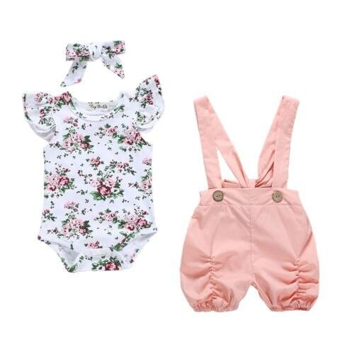 Toddler Kids Baby Girl Floral Sunsuit Set Cotton Bodysuit Romper Bib Pants Overalls Headband 3Pcs Girls Summer Outfit Clothes