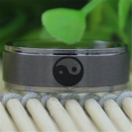 Free Shipping Top Quality Fine Jewelry Hot Sales 8MM Matte Silver Step Yinyang Design Mens Comfort Tungsten Wedding Band Ring