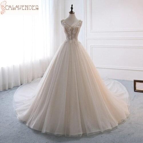 Sparkly Wedding Dresses with Straps V-neck Aline Sequins Lace Long Train Beaded Bridal Gown Lace Up Back robe de mariée