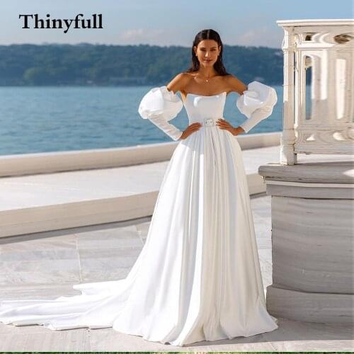Elegant Long A Line Sleeves Beach Wedding Dresses 2021 Strapless Long Sleeves Party Bridal Gowns Boho Princess Party Dress