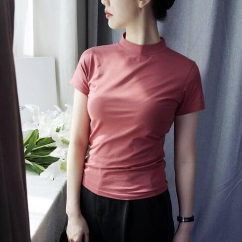 Turtleneck short-sleeved women t-shirts 2020 summer new cotton slim solid office lady elegant pulls tops tees