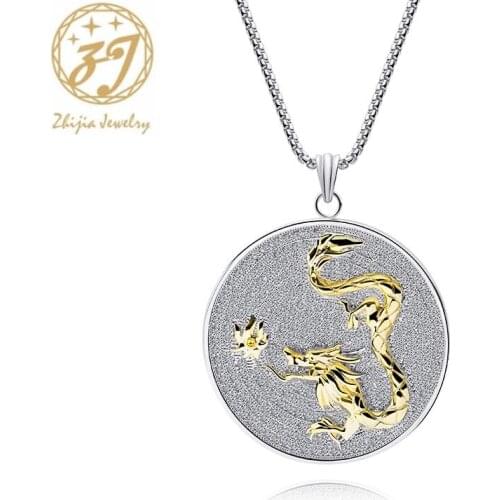 Zhijia silver color round pendant cool golden chinese dragon necklace for men party jewelry gifts accessories