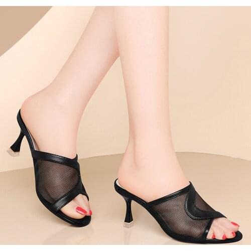 Summer Peep Toe half slippers 2021 new hollow air heel sandals womens leather mesh sandals and slippers for womens outer wea