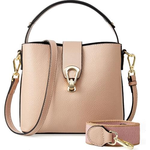 Fashion Leather Crossbody Bucket Bag Genuine Leather Womens Messenger Bag Shoulder Handbags 2 Shoulder Straps Ladies Top-Handle