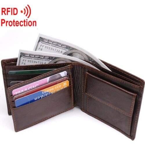 RFID protection Genuine Leather Men Wallets Brand Design Wallets with Coin Pocket Purses Gift For Men Card Holder Bifold Purse