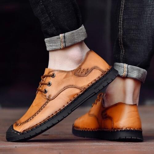New Casual Men Genuine Leather Daily Flats Lace-Up Sneakers Men Casual Loafers Simple Stylish Male Comfortable Walking Sneakers