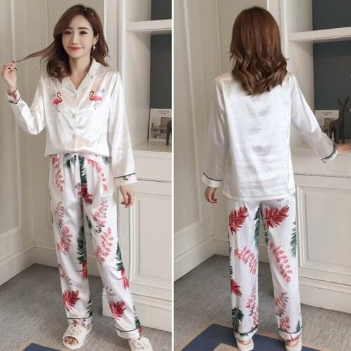 Spring and autumn new products imitation silk flamingo pajamas ladies long-sleeved trousers Large size silk home clothes
