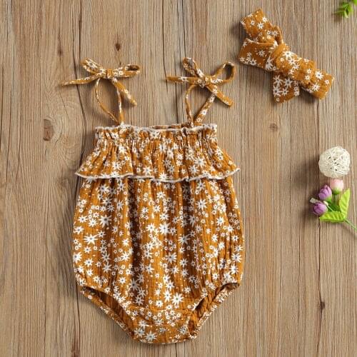 Newborn Girls Clothes Sling Jumpsuit Flower Print Sleeveless Romper and Hairband 2-piece Summer Suit