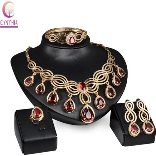Fashion Austria Crystal Water drop Red Black Green Zircon necklace jewelry sets Classic design Gold color women Party gift
