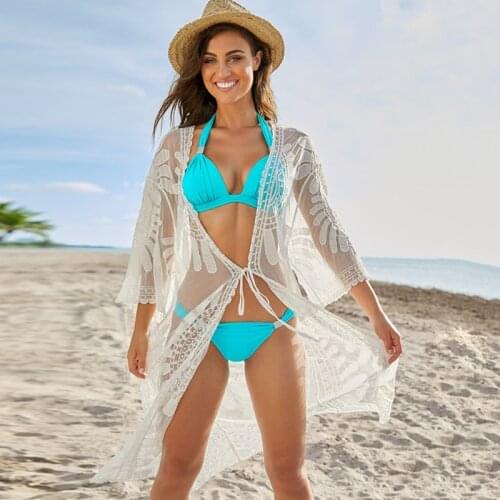 Womens Beach Wear Kimono Cover up Swimwear Bikini Lace Floral Long Maxi Beach Dress