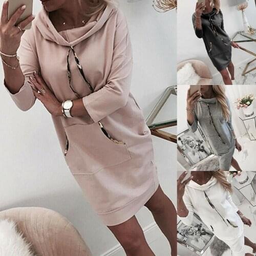 Casual Spring Autumn Long Pullover Dress Women Long Sleeve Solid Color Jumper Pullover Sweatshirt Oversize Hooded Dress Tops