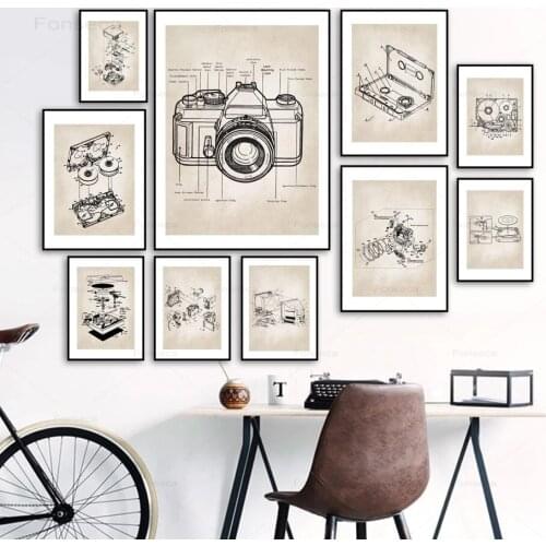 Retro Camera Record Player Tape Wall Art Canvas Painting Nordic Engineering Style Posters Wall Pictures for Living Room Decor