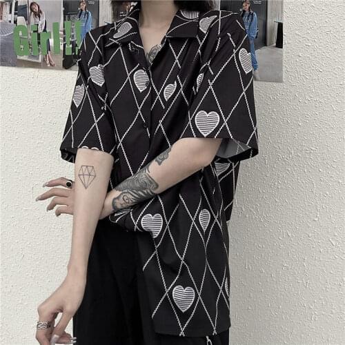 Deeptown Harajuku Heart Print Shirt Women Summer 2021 Short Sleeve Black Shirt Loose Japanese Streetwear Button Up Tops Casual