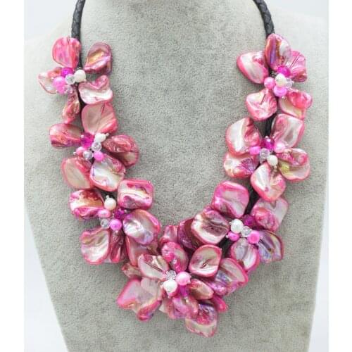 WOW! freshwater pearl pink red rice and shell flower necklace 18inch nature FPPJ wholesale