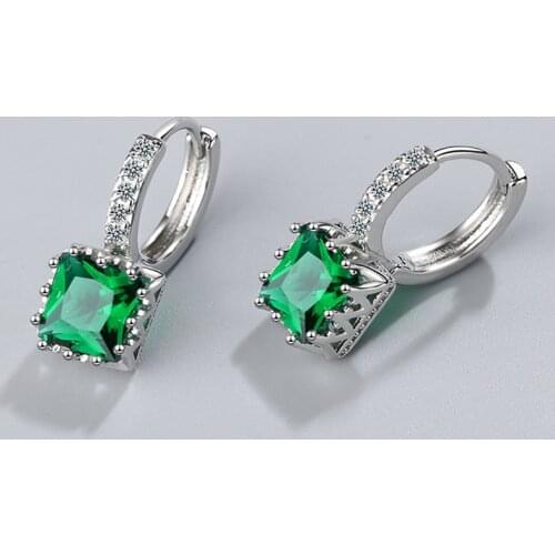 New Arrival Silver Color Princess Square Cut Pink/green Zircon Earrings for Women Wedding Gift Fashion Statement Bijoux