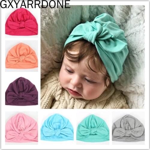 1pcs 2019 New Bebe Girls Boys Soft bows Turban Rabbit Ear Knot Cap Beanie Hat Muslim India Hat Bohemian bowknot turbans cap