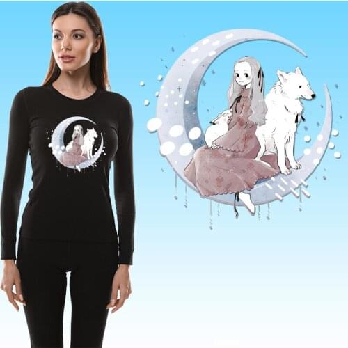 Wolf and girl Moon Garment Accessories DIY Appliques Washable Ironing stickers Patches for Clothing DIY T-shirt