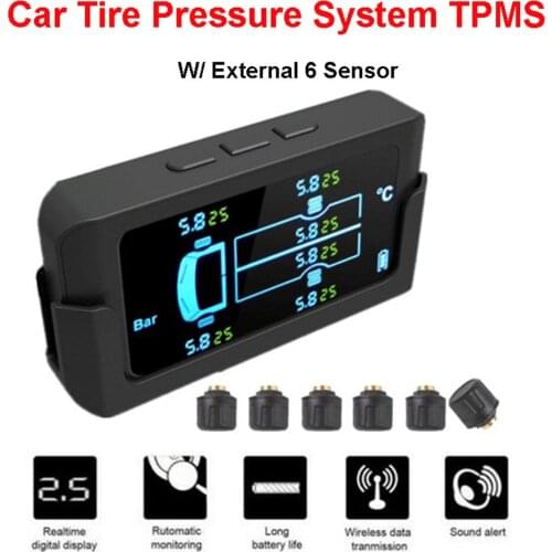 Car LCD Solar Wireless TPMS Tire Pressure Monitoring System W/ 6 External Sensor Real-time Voice Alarm for 4/6 Tyres