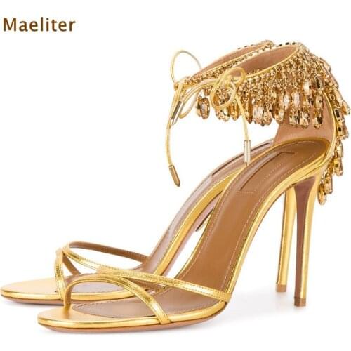 Antique Gold Metallic PU Leather Strappy Sandals Bling Bling Crystal Shoes High Heel Lace-up String Beaded Fringe Wedding Shoes