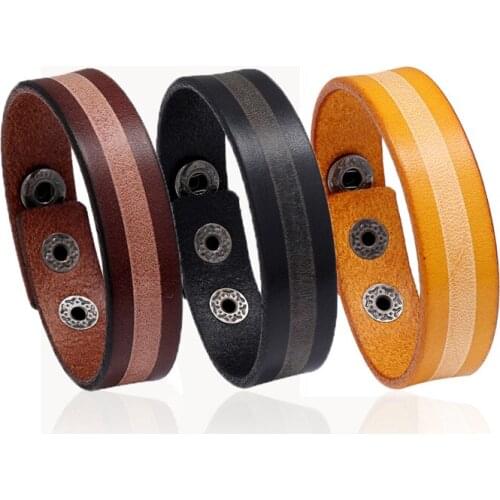 18mm Wide Wrap Bangle Three Color Flat Genuine Leather Punk Men Bracelet Jewelry Geometric Simple Fashion Jewelry Pulsera Hombre