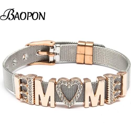 BAOPON Fashion MOM Stainless Steel Mesh Bracelets For Women Mother Heart Lock Crown Charms Bracelets Mothers Day Jewelry Gift