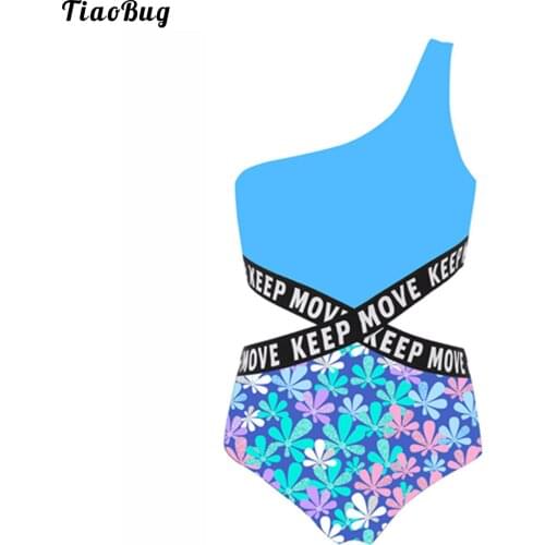 TiaoBug Summer Kids Girls One-Piece Swimming Jumpsuit Asymmetric Single Shoulder Strap Letters Printed Bodysuit Beach Pool Suit