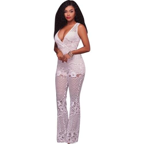 Sexy Floral Lace Wide Leg Jumpsuit Long Pants Rompers Ladies Sleeveless Hollow Out V-Neck Party Overalls Combinaison Femme