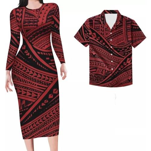 HYCOOL Up To 7xl Couple Set Clothing Polynesian Tribal Dark Red Striped Dresses Women Party Long Sleeve Dress & Mens Shirts Sets