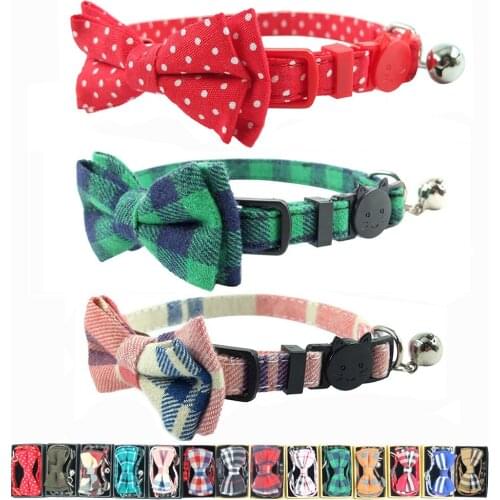 3PCS Bowtie Cat Collar Bell Green Pink Plaid Dot Quick Release Breakaway Safety Cats Kittens Puppies Collars Accessories 17-28cm