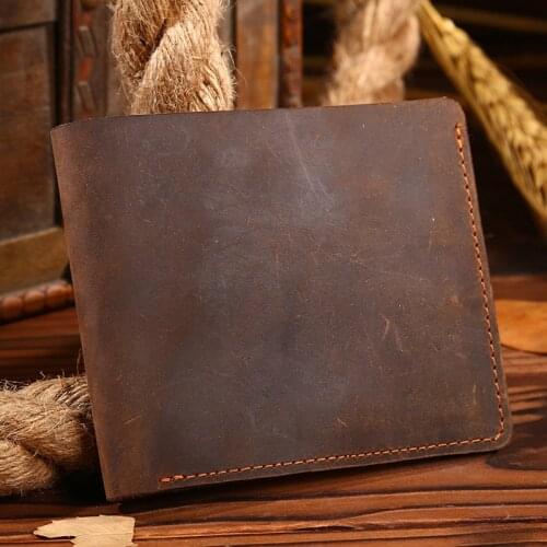 Men Vintage crazy horse wallet vertical real leather bifold short purse with coin pocket genuin leather pocket wallet card case