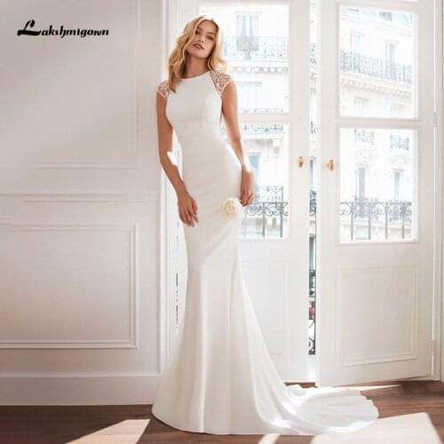 Lakshmigown White Mermaid Wedding Dress Scoop neck Floral Lace Appliques Sexy Vintage Stretch Satin Bridal Dress vestidos de nov