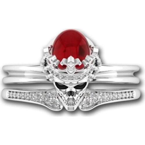 Punk Fashion Jewelry novel 925 Sterling Silver Red AAA Cubic Zirconia Party CZ Women Wedding Crown Skull Ring Set Gift Size 5-10