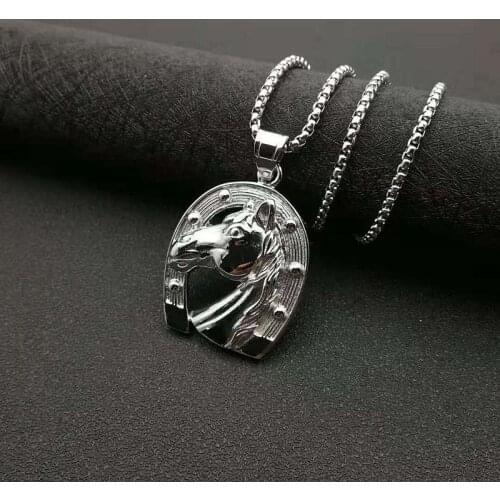 POTCET Mens Stainless Steel Horse Head Pendant Necklace Titanium Steel Geometric Fashion Hip Hop Travel Memorial Jewelry