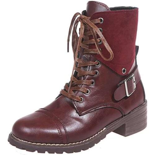 Large Size 2021 New Leather Fashion Boots Womens Ankle Boots Round Toe Low-heeled Thick With Solid Color Lace-up Short Boots