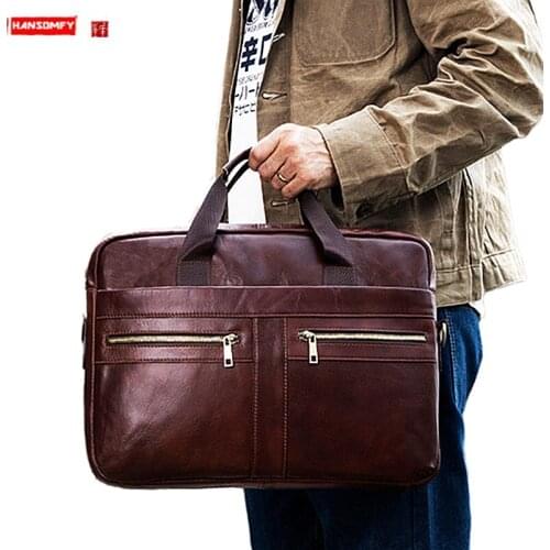 Soft Genuine Leather Mens Briefcase 15.6 Inch Laptop Bag Men Handbags Travel Shoulder Bag Cowhide Multifunctional Portable Bags