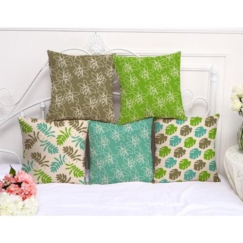 Plain Plant Flower Series Cushion Cover Green Leaves Pattern Square Pillowcase Cotton Linen For 18 Inches Home Textiles